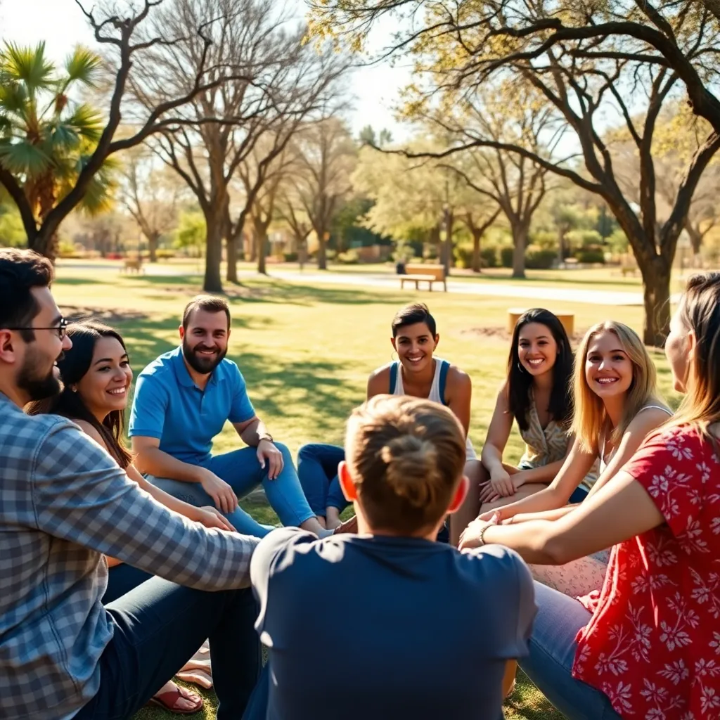 A diverse group of people in an outdoor circle, representing Arizona's vibrant recovery community