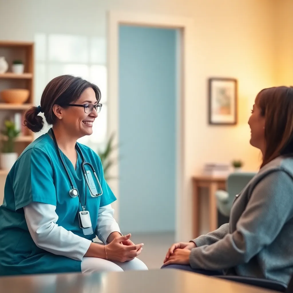 A compassionate counselor meeting with a patient in a bright, welcoming office setting